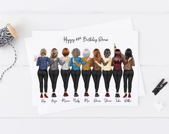 May include: A birthday card featuring a group of nine women standing together, with their arms around each other. The card reads "Happy 60th Birthday Denise" and has the names of each woman written below them.