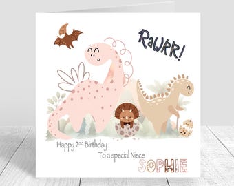 Personalised Girls Dinosaur Birthday Card Handmade First Birthday Card 2nd 3rd 4th Sister Daughter Granddaughter Babies 1st Birthday 1429