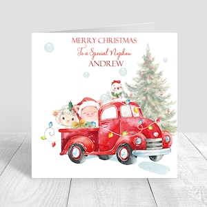 Carte de camion de Noël rouge personnalisée, carte de Noël pour garçons, animaux, petit-fils de Noël/fils/neveu/arrière-petit-fils/filleul 724