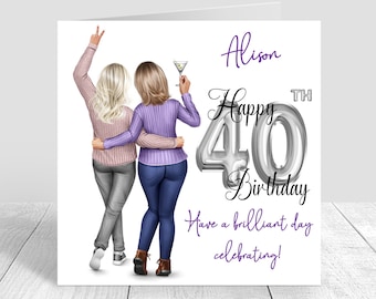 Könnte beinhalten: Eine Geburtstagskarte mit einem lila und silbernen Design. Die Karte zeigt zwei Frauen mit blonden Haaren, eine hält ein Martini-Glas. Der Text auf der Karte lautet "Alison Happy 40th Birthday Have a brilliant day celebrating!"