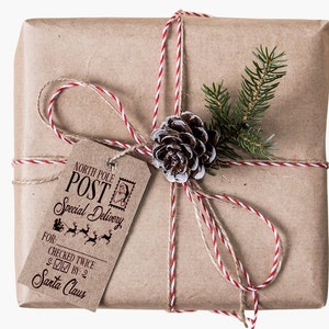 May include: A brown paper gift package tied with twine and red and white baker's twine. A small pine sprig and a pine cone are attached to the twine. A tag is attached to the package that reads "North Pole Post Special Delivery" with a small illustration of Santa's sleigh and reindeer. The tag also reads "For: Checked Twice By: Santa Claus".