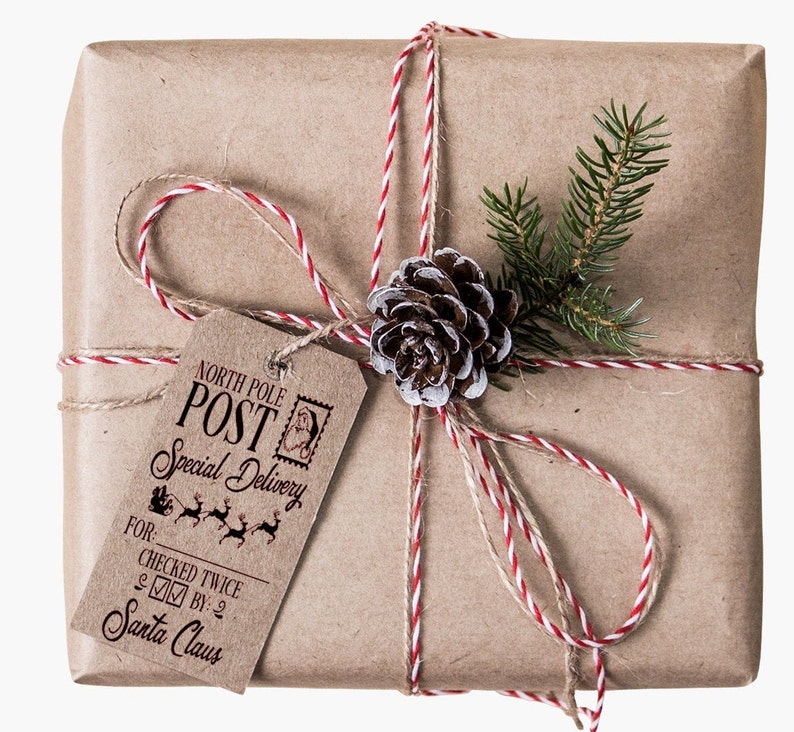 May include: A brown paper gift package tied with twine and red and white baker's twine. A small pine sprig and a pine cone are attached to the twine. A tag is attached to the package that reads "North Pole Post Special Delivery" with a small illustration of Santa's sleigh and reindeer. The tag also reads "For: Checked Twice By: Santa Claus".