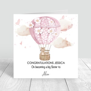 Grote zus gefeliciteerd handgemaakte, gepersonaliseerde kaart grote zus, roze heteluchtballonnen, gepromote kaart grote zus 1225