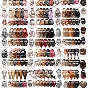 May include: A digital chart titled Ladies Hair Options displaying a grid of various illustrated hairstyles in diverse colors and textures, including buns, braids, ponytails, and loose waves, each labeled with a unique alphanumeric code.