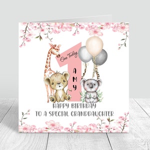 1ère carte d'anniversaire Safari personnalisée pour filles, carte de premier anniversaire faite main pour soeur, fille, petite-fille, carte de 1er anniversaire de bébés 205