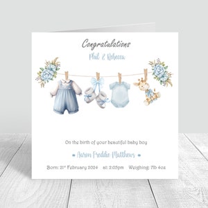 Carte personnalisée pour nouveau-né pour bébé garçon, félicitations, nouveau-né, corde à linge bleue, corde à linge pour bébé, carte de voeux, nouveaux parents 997