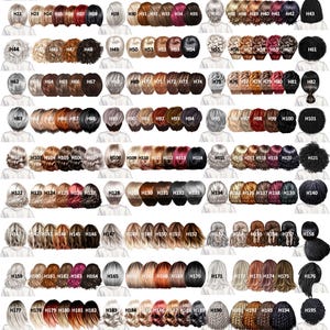 May include: A digital chart titled Ladies Hair Options displaying a grid of 216 numbered illustrations of various hairstyles and hair colours, including straight, wavy, curly, and braided styles in shades of blonde, brown, red, black, and grey.