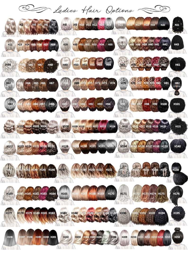 May include: A digital chart titled Ladies Hair Options displaying a grid of 216 numbered illustrations of various hairstyles and hair colours, including straight, wavy, curly, and braided styles in shades of blonde, brown, red, black, and grey.