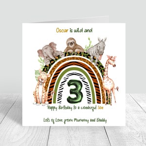 Niños 3er cumpleaños tarjeta hecha a mano salvaje y tres tarjetas para hermano hijo nieto sobrino tarjeta de cumpleaños Safari tema Safari arco iris