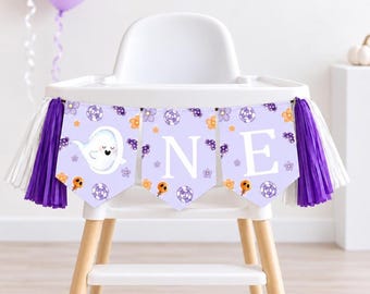 Halloween High Chair Banner, Spooky One First Birthday Bunting, Lilac Ghost ONE Banner, 1st Birthday Party Decor, Cake Smash Prop  385