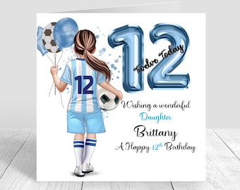 May include: A birthday card featuring a girl in a soccer uniform holding a soccer ball and balloons. The card says "Twelve Today" and "Wishing a wonderful Daughter Brittany A Happy 12th Birthday."