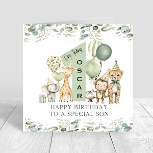 1ère carte d'anniversaire Safari personnalisée pour garçons, carte de premier anniversaire faite main pour frère fils, petit-fils, neveu, bébés, carte de 1er anniversaire 1501