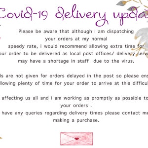 May include: A pink and white floral design with a bee holding a pink envelope. The text reads "Covid-19 Delivery Update" and includes information about potential delays due to the virus.