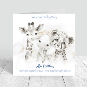 Tarjeta de bebé recién nacido, tarjeta de felicitación hecha a mano y personalizada con tema de animales bonitos, regalos para recién nacidos