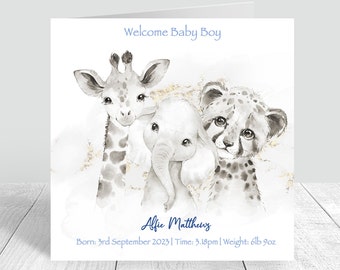 New Born Baby Boy Card -Handmade and Personalised Cute Animal Theme New Born Gifts Congratulations Card