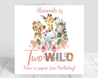 Girls Personalised 2nd Birthday Card Handmade Two Wild, For Daughter Granddaughter, Animals Birthday Card Niece Greeting card Floral 1084