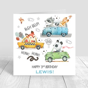 Tarjeta de cumpleaños personalizada para niños, tarjeta de cumpleaños de autos y vehículos, primer, segundo y tercer cumpleaños para niños, hijo, nieto, sobrino, ahijado, tarjeta de felicitación 1500