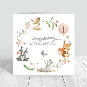 Cartão de aniversário personalizado para meninas, animais da floresta, cartão de aniversário do prado, filha, irmã, prima, amigo, neta, cartão de aniversário 806