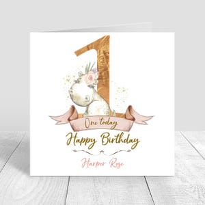 Personalisierte Mädchen 1. Geburtstagskarte Handgemachter erster Geburtstag Kleine Nilpferd Karte Schwester, Tochter Enkelin Nichte Babys 1.Geburtstag 1432