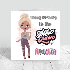 Cartão de feliz aniversário para a rainha das selfies, feito à mão e personalizado, presente de aniversário para selfies, 8º, 10º, 12º, 15º, filha, neta, irmã, amiga