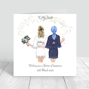 Cartão feito à mão para o dia do casamento Bestie Robes personalizados | Parabéns, presente de dia de casamento | Várias cores e estilos de cabelo