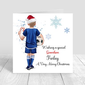 Boys Christmas Card, Personalised Boys Football Christmas Card, Happy Christmas Soccer Card, Greeting Card, Blue football Kit  1420