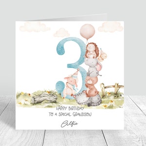Personnalisé garçons 3ème carte d’anniversaire animaux mignons garçons troisième carte d’anniversaire carte de voeux joyeux anniversaire fils petit-fils neveu 369