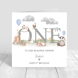 Tarjeta de cumpleaños personalizada con temática de granja para hijo, nieto, sobrino, ahijado o hermano. Tarjeta de cumpleaños con temática de granja, animales de granja para primer cumpleaños 1312