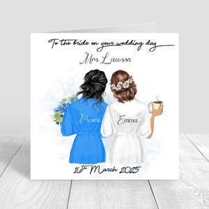 Personalised Wedding Day Handmade Personalised Card  for Best Friend/ Sister/ cousin Various Hairstyles Blue wedding robe wedding card 1743