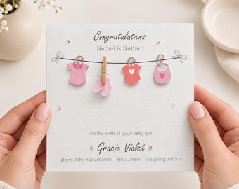 Personalised New Born Baby girl Handmade card, Washing Line Card, Congratulations New Parents card, Baby Girl Card, New Baby Card, Welcome