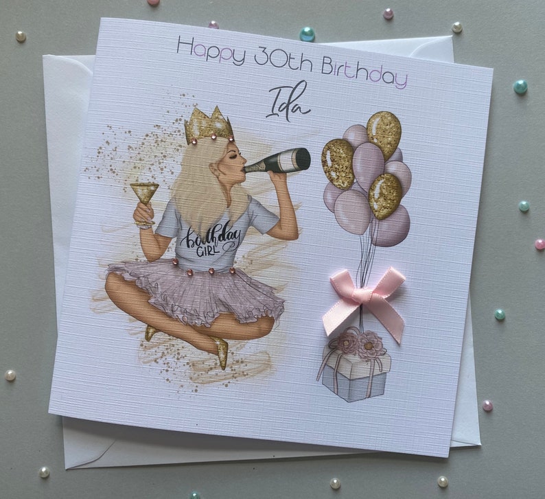 Woman drinking champagne bottle celebration personalised birthday card with balloons for any age