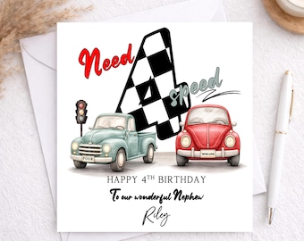 Op de afbeelding: Een vierkante verjaardagskaart met een groot zwart-wit geblokt cijfer 4, een lichtblauwe vintage pick-up truck en een rode vintage auto. De tekst luidt Need 4 speed, HAPPY 4TH BIRTHDAY, To our wonderful Nephew en de naam Riley.