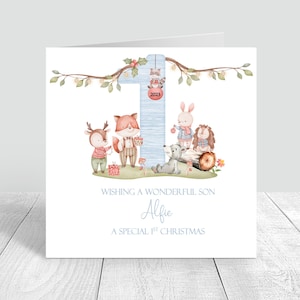 Waldtiere Weihnachtskarte Personalisierte Babys 1. Weihnachtskarte, Erstes Weihnachten, Baby Boy, Boys Weihnachtskarte Greetings Card 637