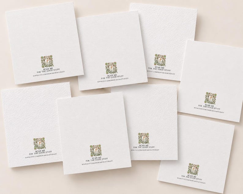 May include: A collection of seven square white cards, each featuring a small, intricate, green and gold floral-bordered QR code in the centre. Below each code, the text reads: SCAN ME FOR THE GOOD STUFF followed by the URL ETSY.COM/SHOP/AKCRAFTCRAZY.