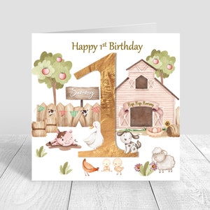Carte personnalisée de 1er anniversaire pour filles, carte d'animaux de ferme, carte de vœux en or sur le thème de la ferme faite à la main. Carte Fête à la ferme Fille Nièce 684