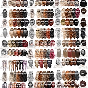 May include: A digital chart titled Ladies Hair Options displaying a wide variety of illustrated hairstyles and hair colors for women, organized in rows and columns with individual identification codes ranging from H623 to H824.