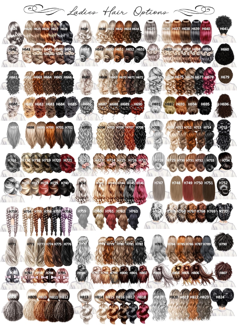 May include: A digital chart titled Ladies Hair Options displaying a wide variety of illustrated hairstyles and hair colors for women, organized in rows and columns with individual identification codes ranging from H623 to H824.