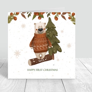 Carte de Noël personnalisée pour bébé, carte de bébé ours d'hiver, fils/petit-fils/neveu/frère, carte de vœux boisée 295