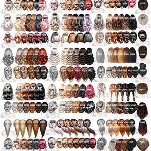 May include: A digital chart titled Ladies Hair Options displaying a grid of various illustrated hairstyles in diverse colours and textures, including buns, braids, ponytails, and loose waves, each labelled with a unique alphanumeric code.