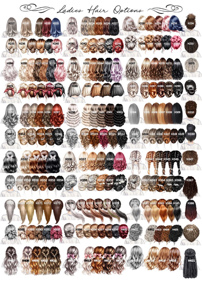 May include: A digital chart titled Ladies Hair Options displaying a grid of various illustrated hairstyles in diverse colours and textures, including buns, braids, ponytails, and loose waves, each labelled with a unique alphanumeric code.