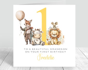 Personalised Boys 1st Birthday Card Animals, Handmade First Birthday Card For Brother Son Grandson Nephew Babies 1st Birthday Card 849
