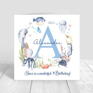 Carte d'anniversaire personnalisée pour garçons faite main mer, animaux de l'océan premier anniversaire de A à Z carte baleine frère fils petit-fils neveu 2e 3e 4e 835