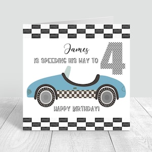 Biglietto d'auguri personalizzato per auto da corsa per ragazzi fatto a mano 1° 2° 3° 4° 5° nipote blu/nipote/figlio/amico 1143