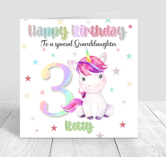 Personalised Girls 3rd Birthday Card Unicorn Rainbow Birthday Card