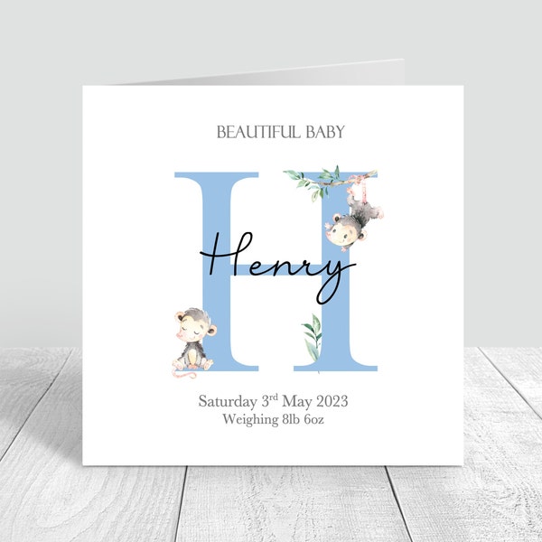 Personalised New Born Baby Alphabet card, Handmade Baby Boy Card Congratulations Welcome to the world new born card Blue 799