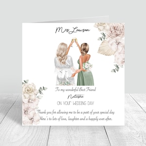 Carte faite main personnalisée le jour de votre mariage, carte de mariage, félicitations, carte de voeux, bohème, robe de mariée meilleure amie, soeur 1110
