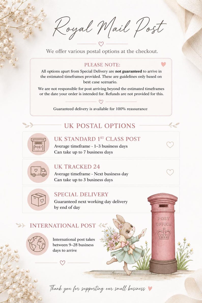 May include: An informational graphic titled Royal Mail Post featuring text about postal options, delivery timeframes, and disclaimers. The design includes a watercolor illustration of a rabbit in a green dress holding a letter next to a pink post box.
