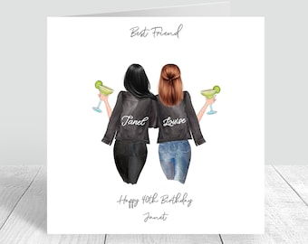Könnte beinhalten: Eine Geburtstagskarte mit zwei Frauen in schwarzen Lederjacken, auf deren Rücken die Namen "Janet" und "Louise" stehen. Die Frauen halten Cocktails in der Hand und auf der Karte steht "Beste Freundin" und "Happy 40th Birthday Janet".