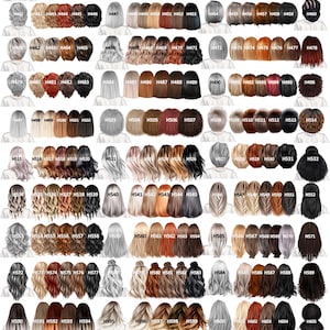 May include: A digital chart titled Ladies Hair Options displaying a wide variety of illustrated hairstyles and hair colours, each labelled with a unique code from H422 to H622, featuring diverse textures, lengths, and shades arranged in rows.