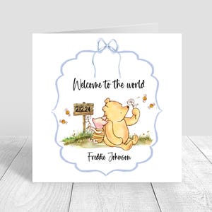 Carte Winnie l'ourson, carte personnalisée nouveau bébé, félicitations, bienvenue dans le monde, nouveaux parents, carte bébé ourson, bébé garçon 1483